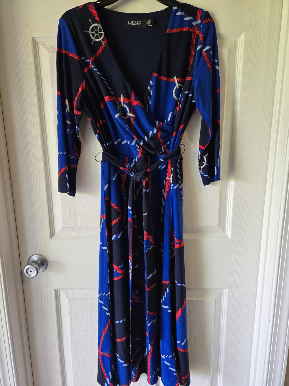 Lauren Ralph Lauren Navy and Red Nautical Wrap Dress. Below knee